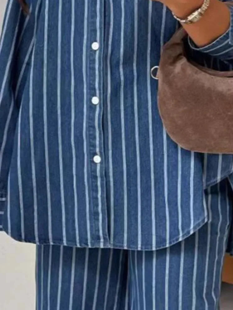 Stripe Blue Loose Long Sleeve Shirt Trousers Two Piece Set Lounge Outfit