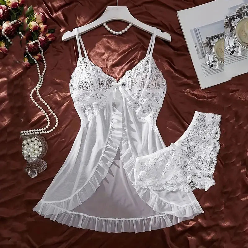 Sexy Contrast Lace and Mesh Ruffle Babydoll V-neck Open Bra Sleep Skirt Nighties