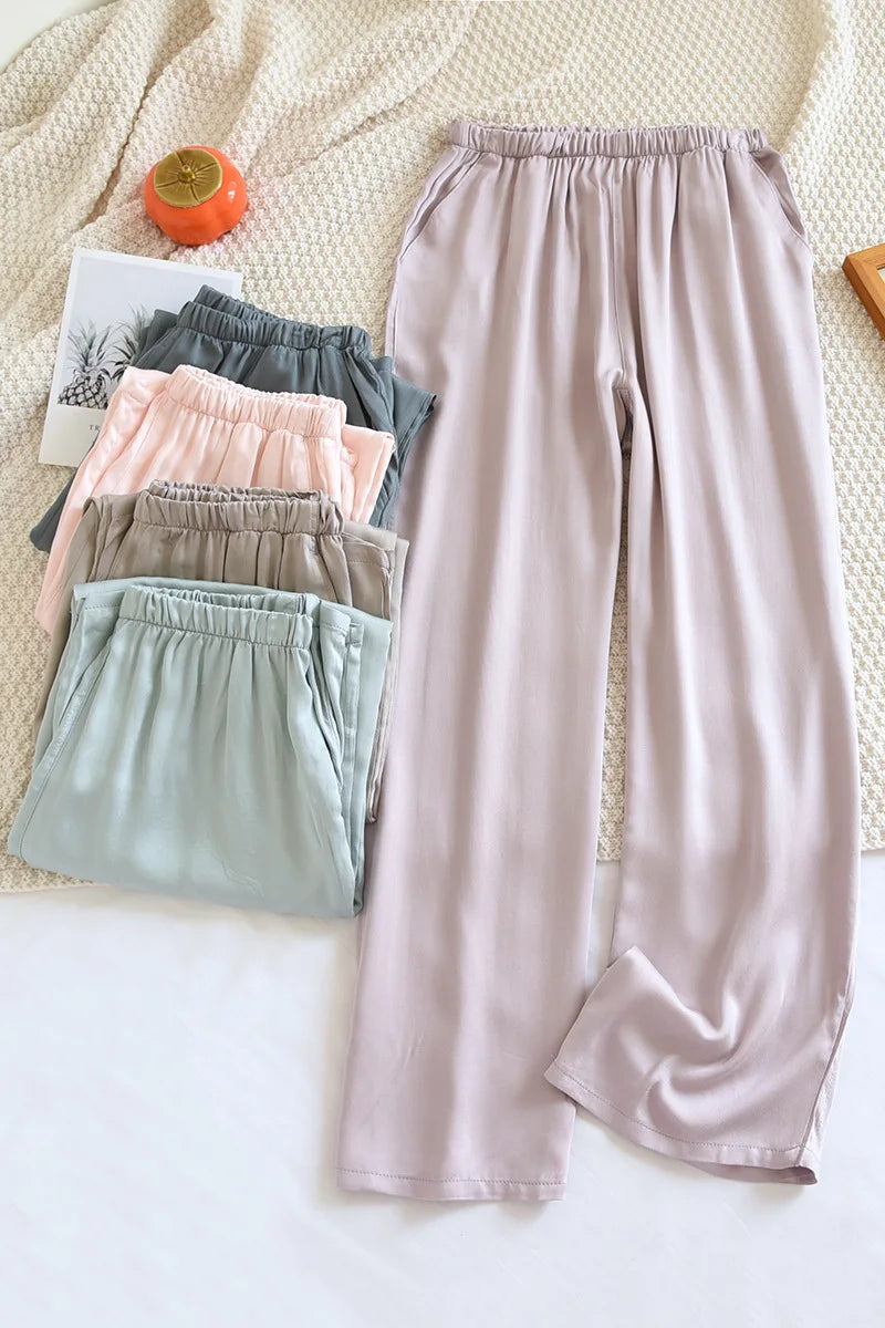 Loose Thin Solid Color Silk Satin Sleep Bottoms