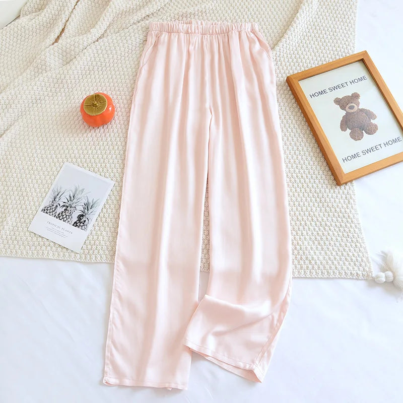Loose Thin Solid Color Silk Satin Sleep Bottoms