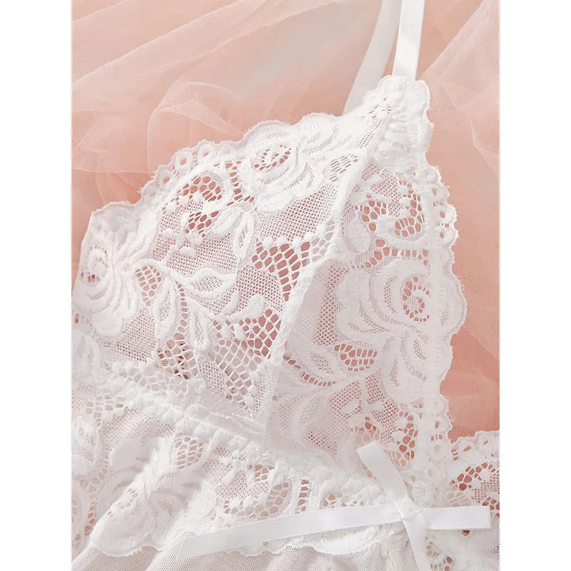Ultra-thin Nightgown Lace Thong Sets Women's Sexy Pyjamas Lingerie