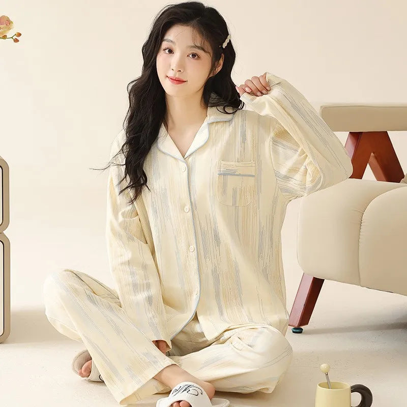 Women's Cardigan Long-sleeved Long Pants Cotton Comfortable Pajamas