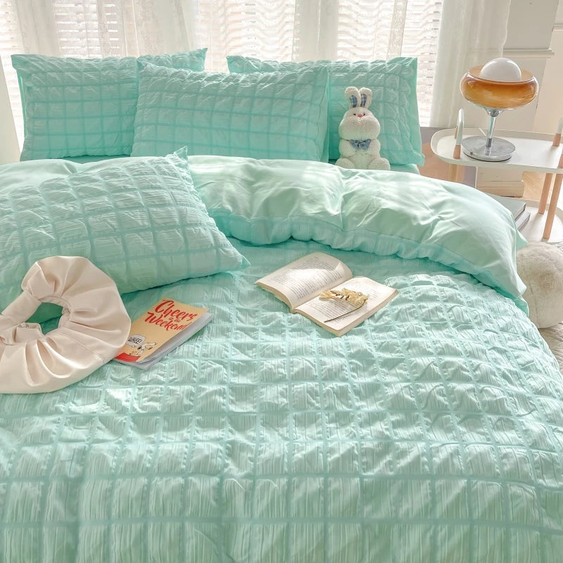 Puffy Check Bubble Fabric Set Duvet Pillowcase Bedding Sheet Quilt Cover Set