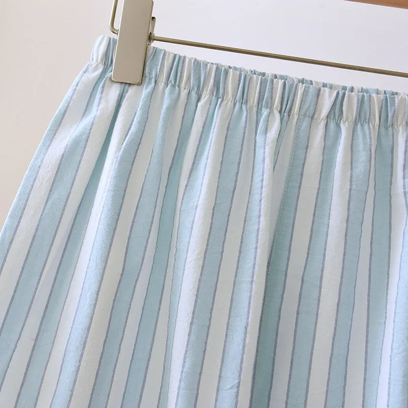 Japanese Style Women's Striped Pajama Set 100% Cotton Long Sleeve Long Pants Two Piece Set