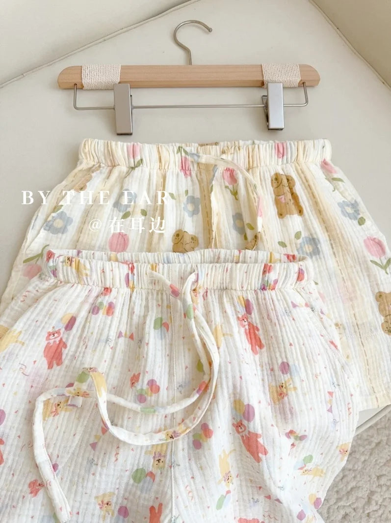 Thin Pure Cotton Bubble Cotton Gauze Sweet Loose High Waist Full Cotton Shorts