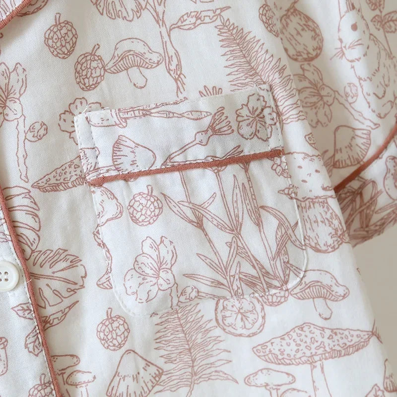 Double Layer Gauze Breathable Cotton Fashion Print Short Sleeved Soft Thin Two-piece Pajama Set