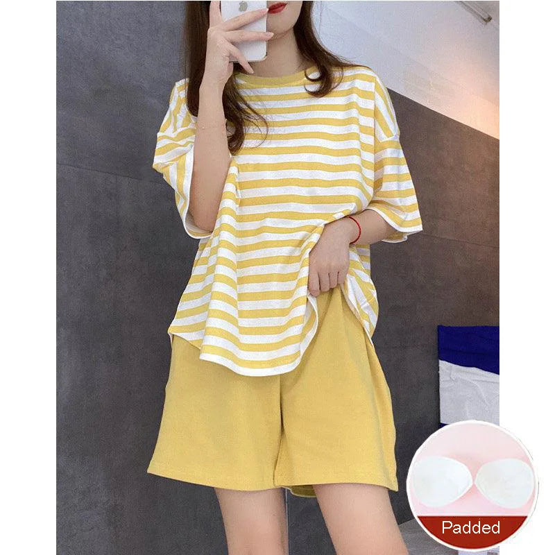 Oversized Women Striped Short Sleeve Shorts Two-piece with Self Chest Pads