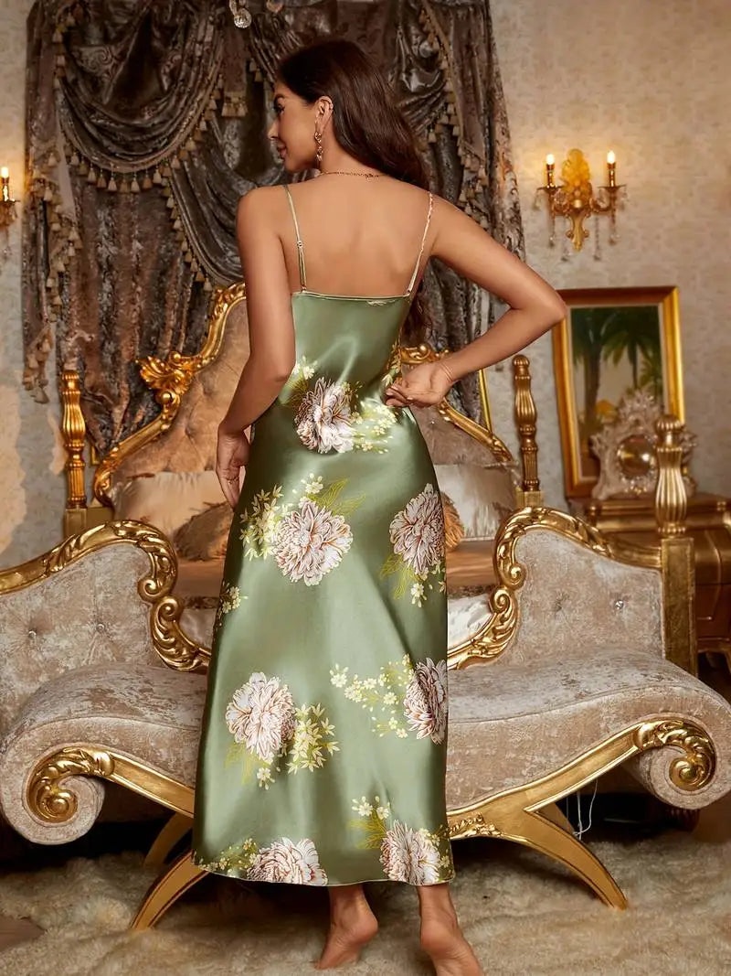 Luxury Peony Print Silky l Satin Backless V-Neck Slip Dress
