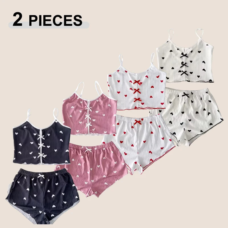 Heart Print Soft Ribbed Fabric with Flirty Frill Trim Casual Cami Top and Shorts Sets Loungewear