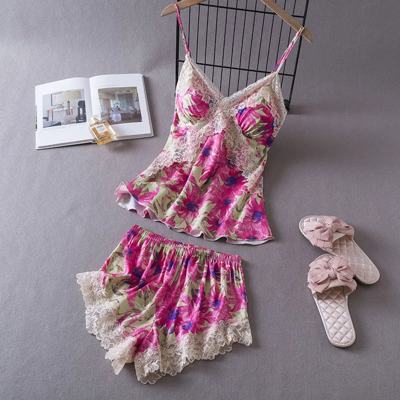 Silk Lace Sexy V-Neck 2 Pcs Set With Chest Pad Nightwear