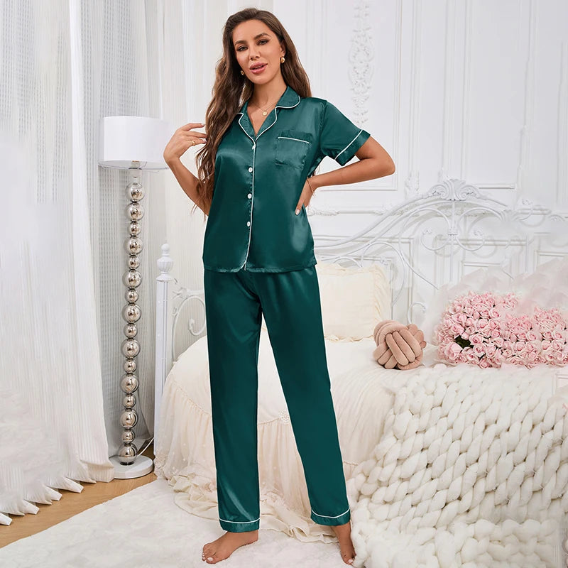 Satin Two-piece Soft Short Sleeve Button Tops & Pants