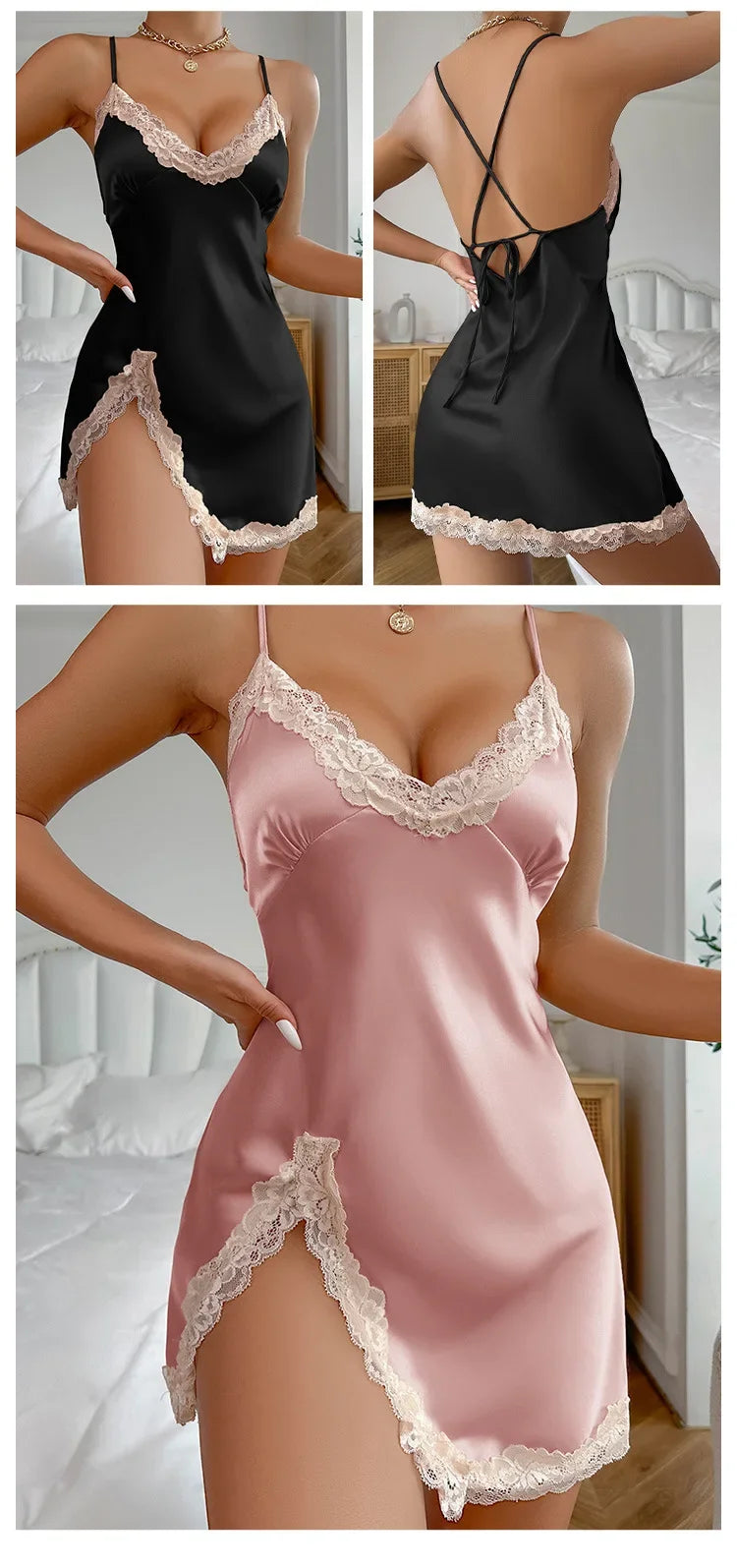 Lace Trim V Neck Backless Side Split Slip Sleep Dress