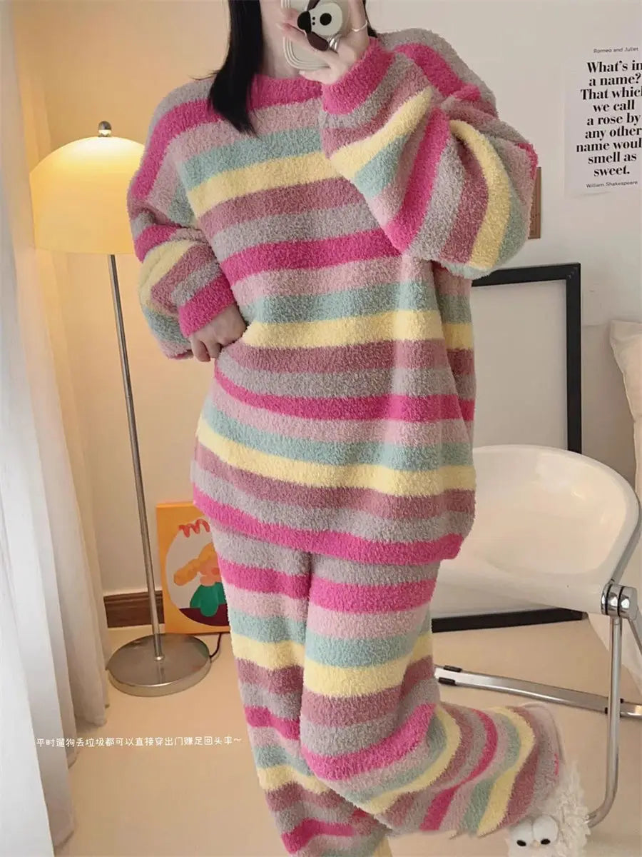 Cute Rainbow Pattern Simple Half-Fleece Warm Pajamas