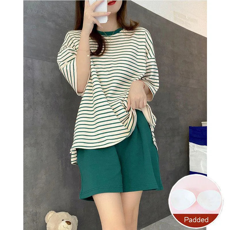 Oversized Women Striped Short Sleeve Shorts Two-piece with Self Chest Pads