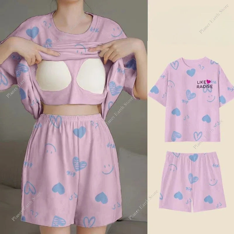 Pajama 2Pcs/Sets Short Tops and Shorts with Chest Pad