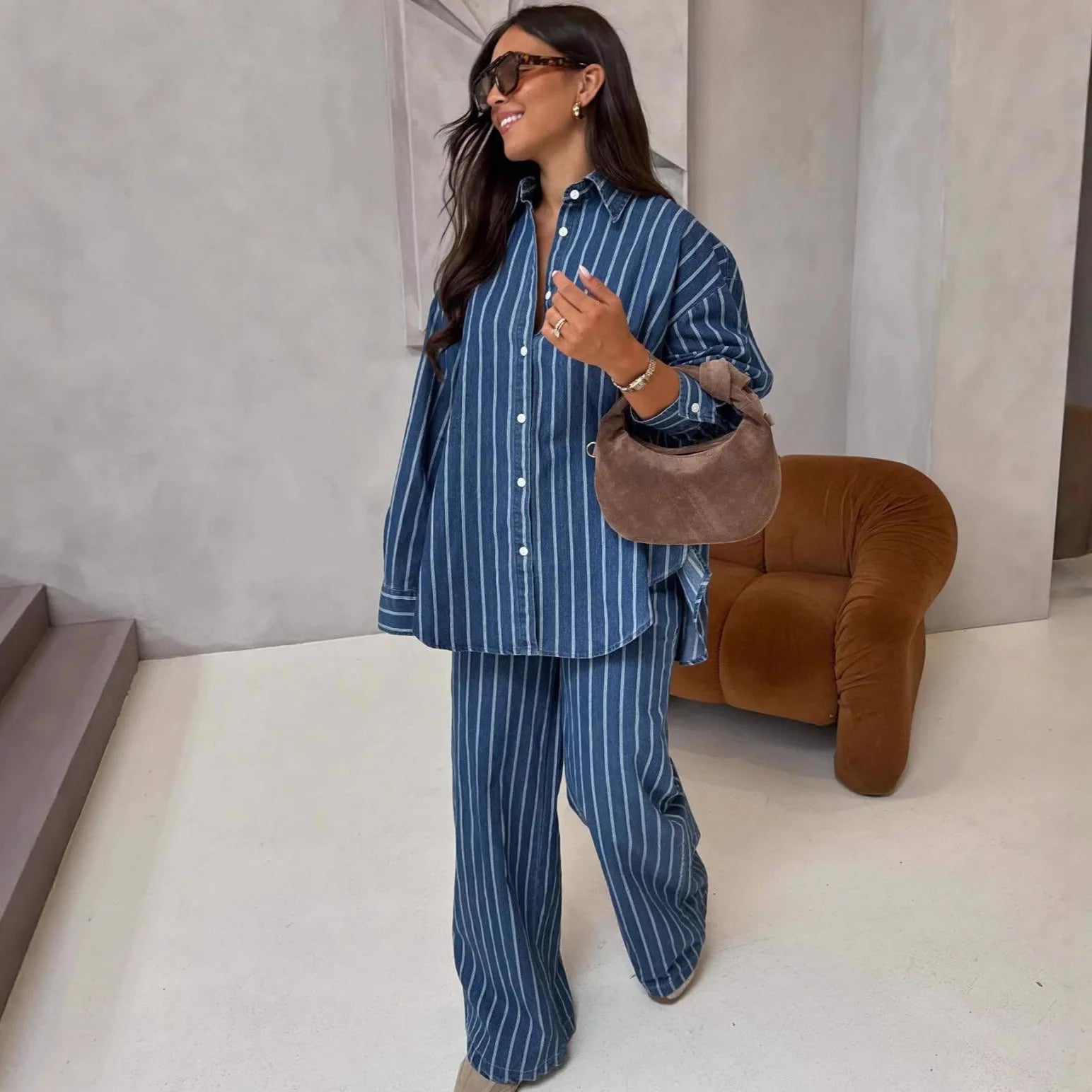 Stripe Blue Loose Long Sleeve Shirt Trousers Two Piece Set Lounge Outfit