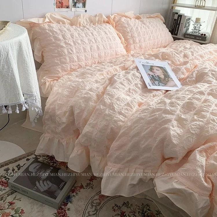 Solid Color Ruffles Lace  Kawaii Soft Sheet Duvet, Pillow & Quilt Cover