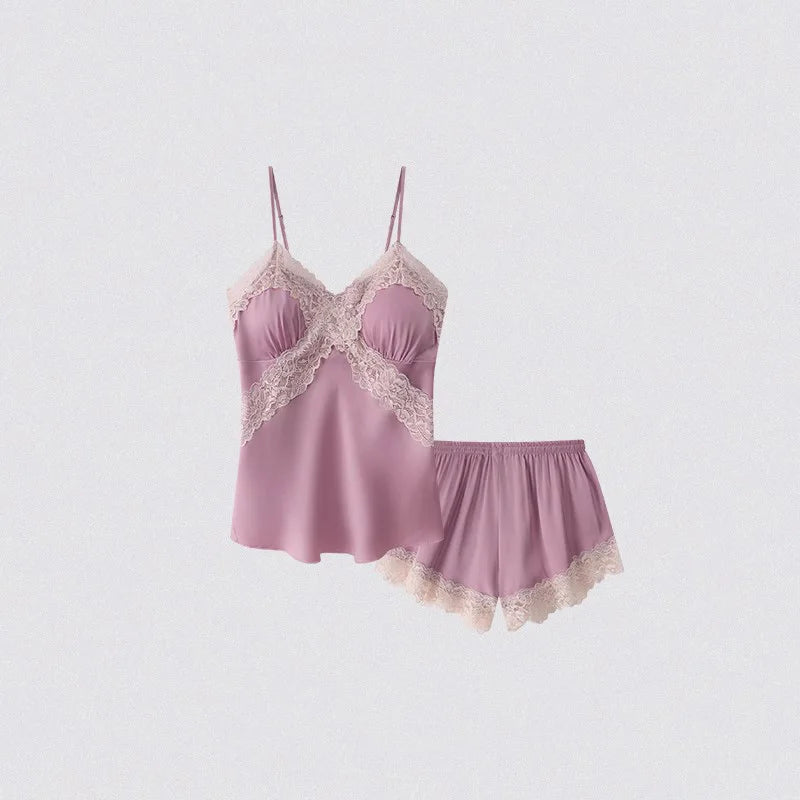 V Neck Spaghetti Strap Two Piece Sexy Satin Lace Trim Cami Top Shorts Lingerie