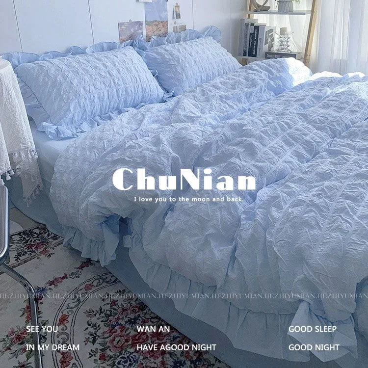 Solid Color Ruffles Lace  Kawaii Soft Sheet Duvet, Pillow & Quilt Cover