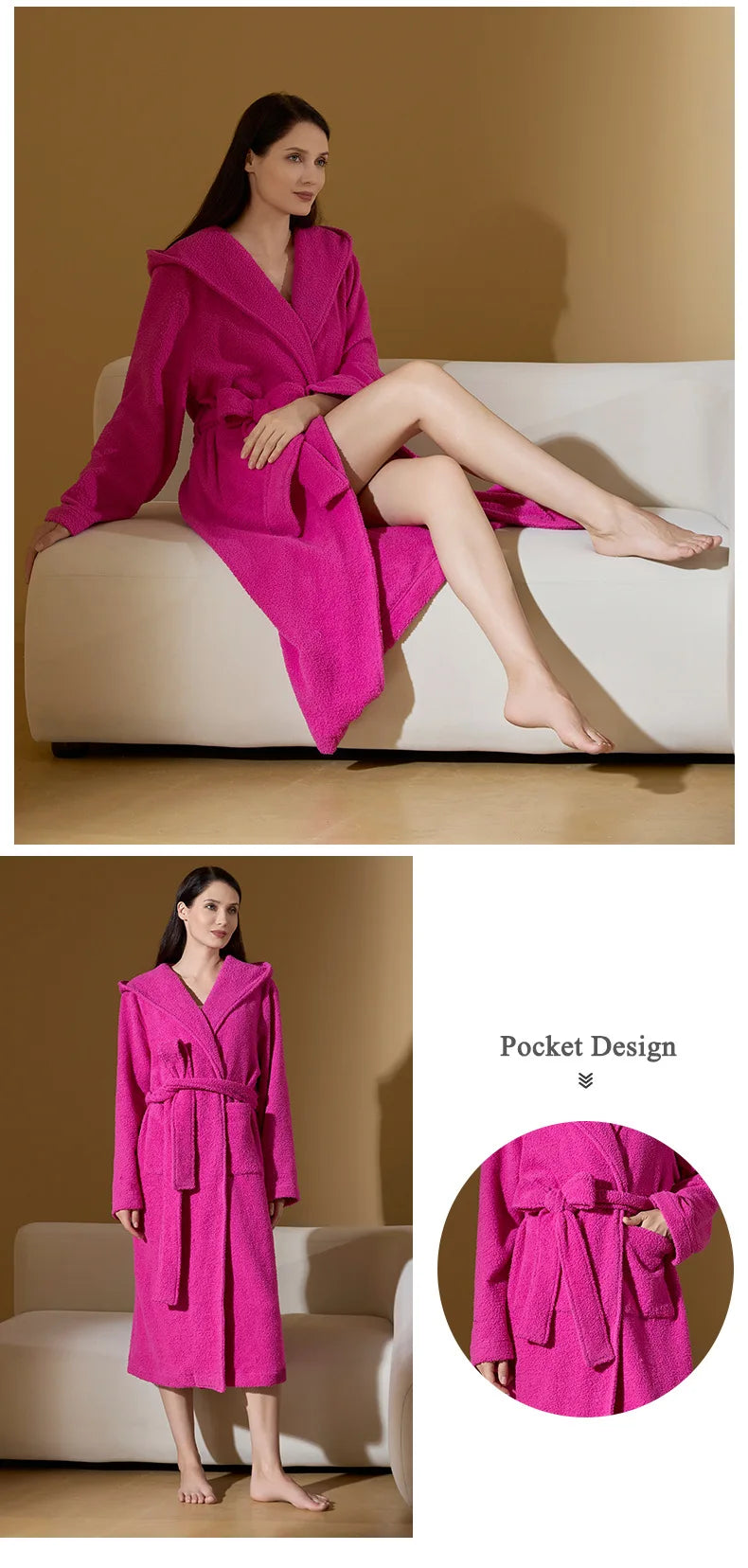 Hooded Robe Thick Coral Fleece Gown with Pocket