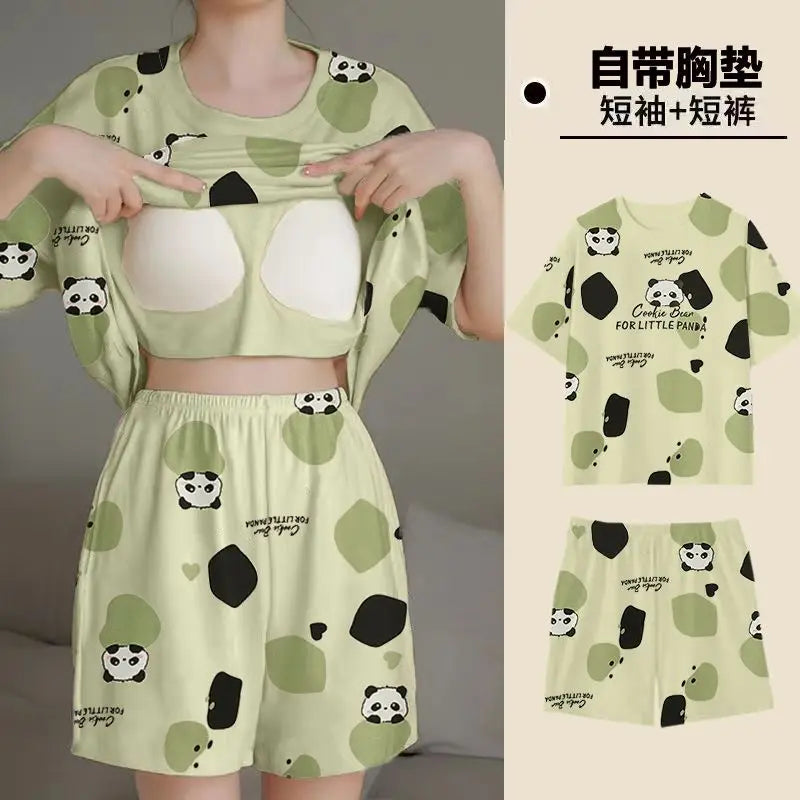 Pajama 2Pcs/Sets Short Tops and Shorts with Chest Pad