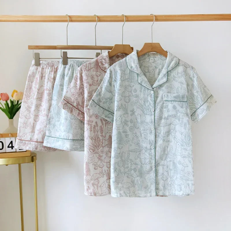 Double Layer Gauze Breathable Cotton Fashion Print Short Sleeved Soft Thin Two-piece Pajama Set