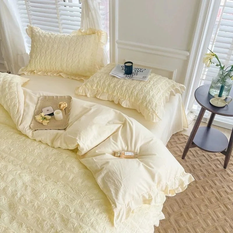 Solid Color Ruffles Lace  Kawaii Soft Sheet Duvet, Pillow & Quilt Cover