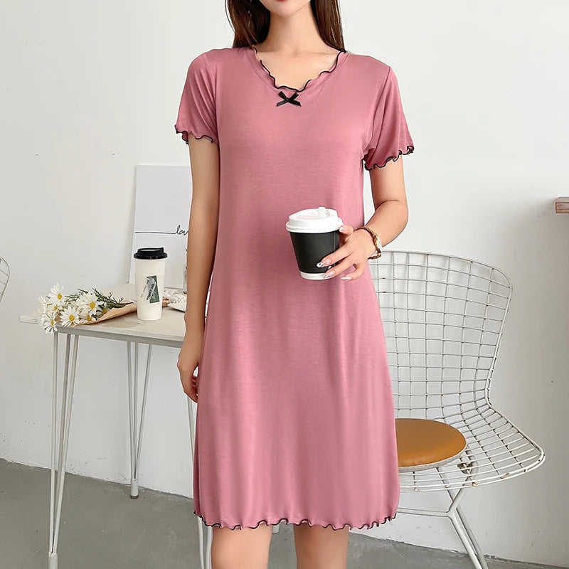 Loose Modal Short Sleeve Home Skirt A-Line Skirt Comfortable V-Neck Dress