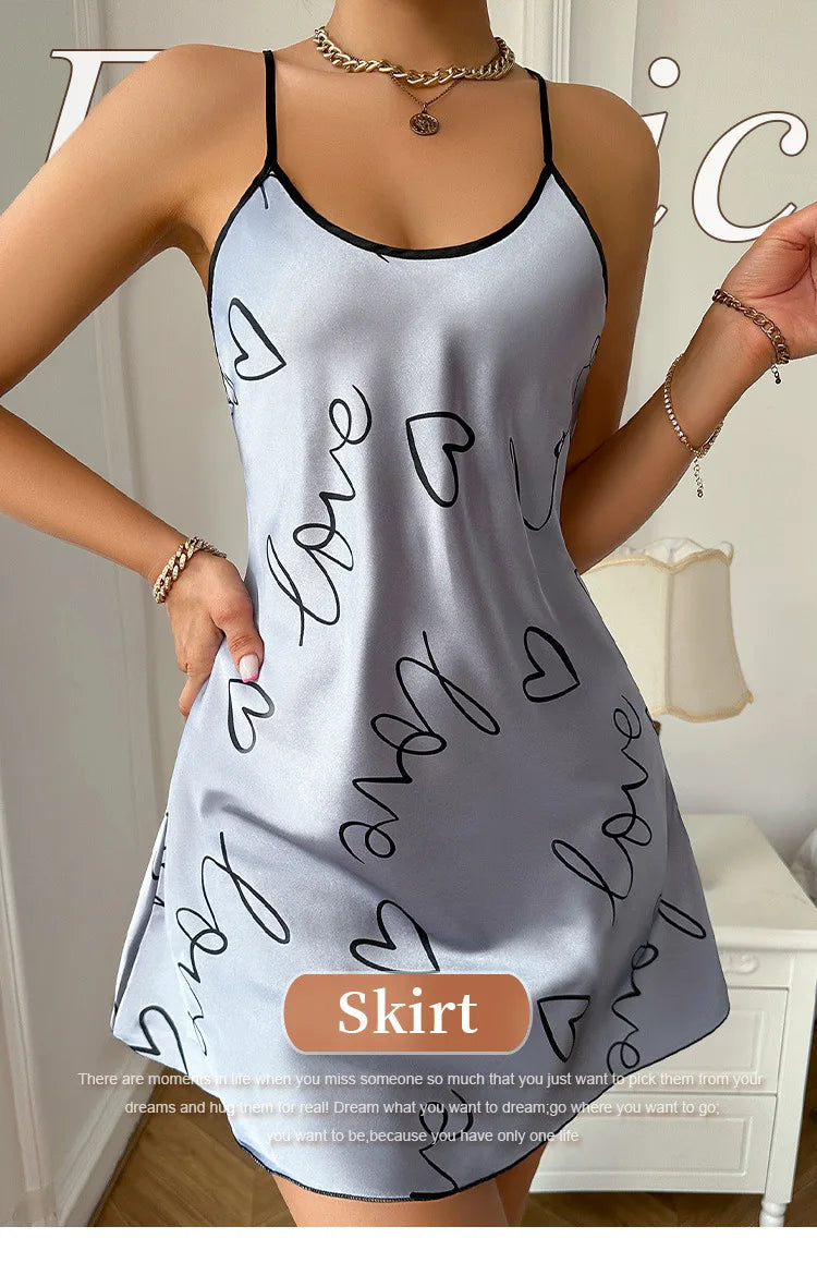 Heart Print Nightdress Scoop Neck Criss Cross Back Sleep Dress Women's Sleepwear