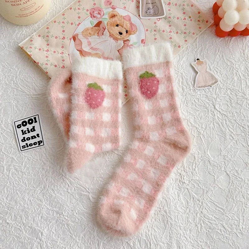 Strawberry Print Coral Fleece Sleeping Socks