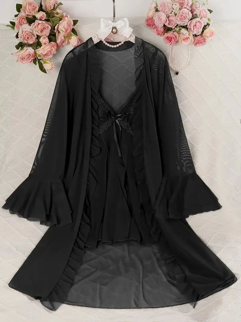 Sexy Lingerie with Suspenders Sheer Transparent Nightgown and Lace Trim