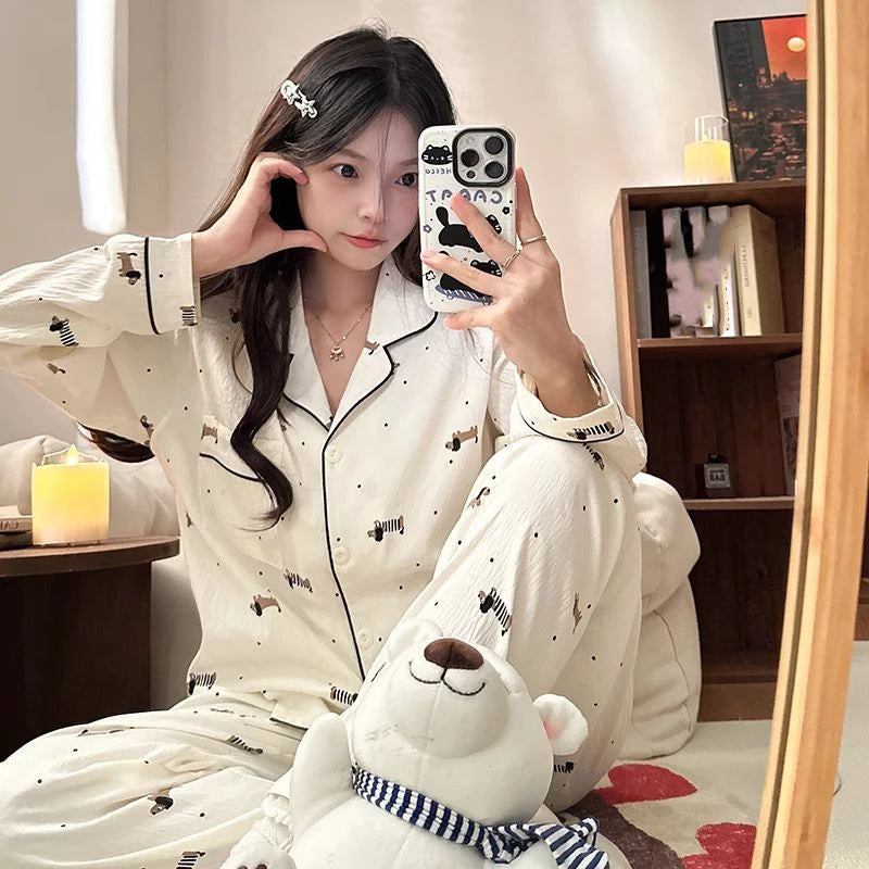 Dot Letter Dog Print Kawaii Pajamas Harajuku Style Sweet Cute Sleepwear Set