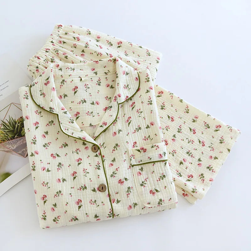 Ladies 100% Cotton Crepe Long sleeved Pants Two-piece Cute and Sweet Set