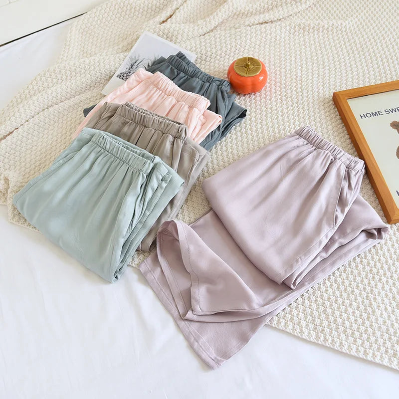 Loose Thin Solid Color Silk Satin Sleep Bottoms