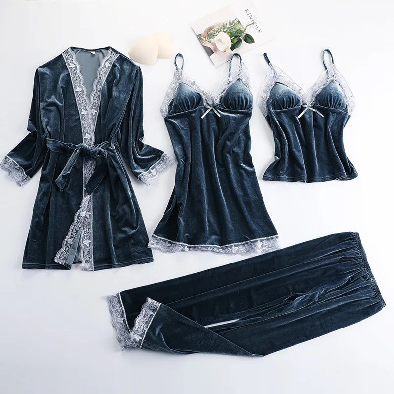 Lace Velvet 4 Pieces Women Warm Pajamas Sets With Pants Sexy Robe Sleepwear Sleeveless Nightwear