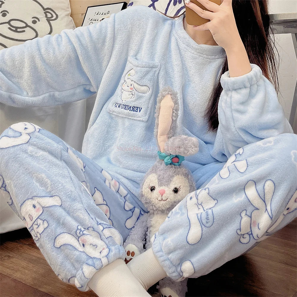 Kawaii Flannel Pullover Coral Velvet Pajamas