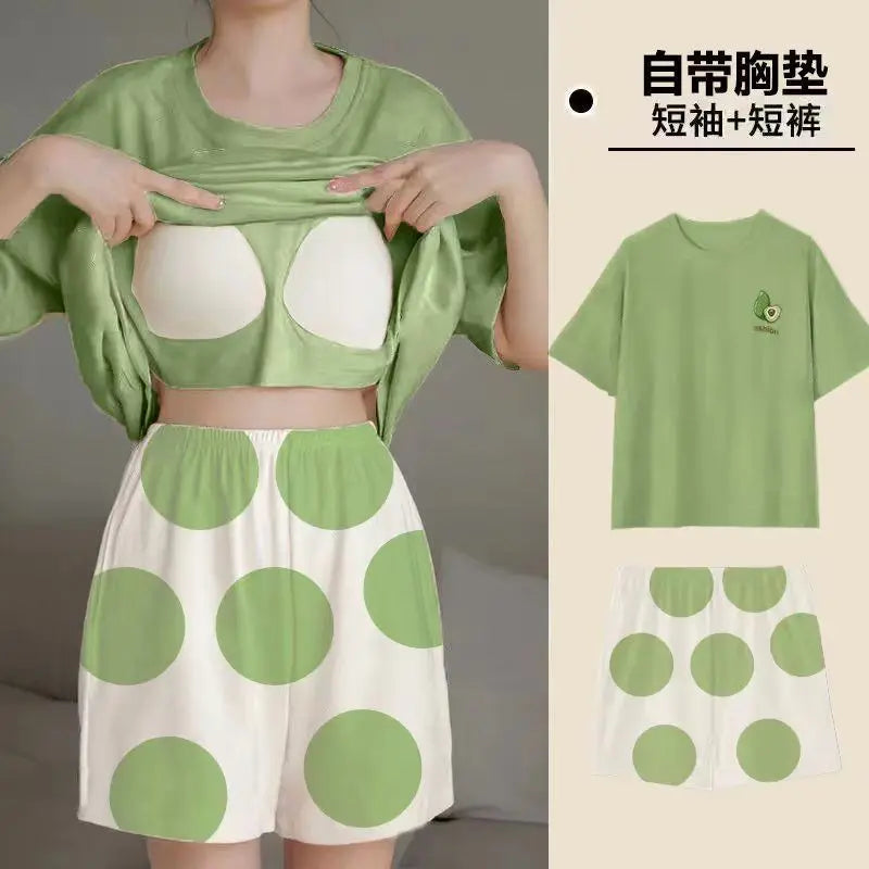 Pajama 2Pcs/Sets Short Tops and Shorts with Chest Pad
