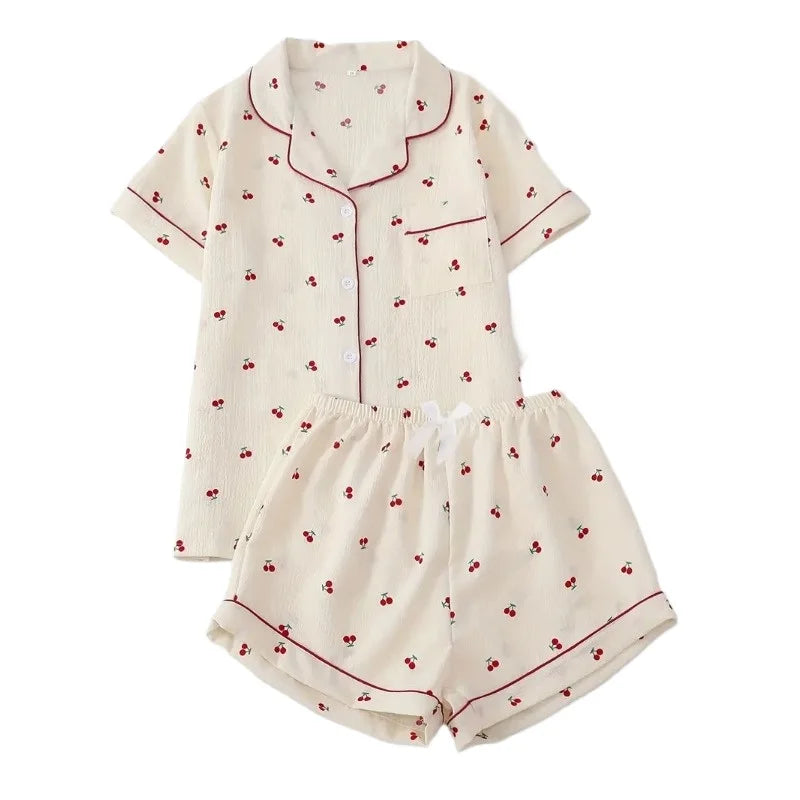 Cherry Print Cardigan Loungewear Short Sleeve Shorts