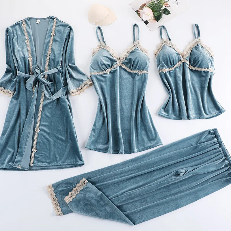 Lace Velvet 4 Pieces Women Warm Pajamas Sets With Pants Sexy Robe Sleepwear Sleeveless Nightwear