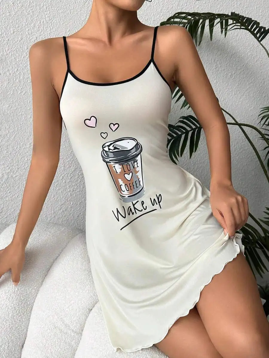 Lettuce Trim Coffee Letter Print Spaghetti Strap Mini Nightgown