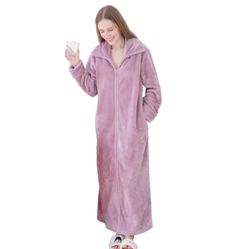 Ultra Long Thick Warm Bathrobe Thermal Flannel with Zipper