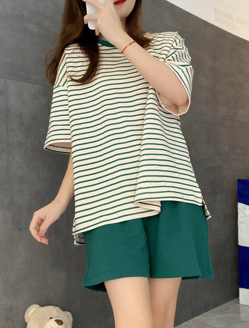 Oversized Women Striped Short Sleeve Shorts Two-piece with Self Chest Pads