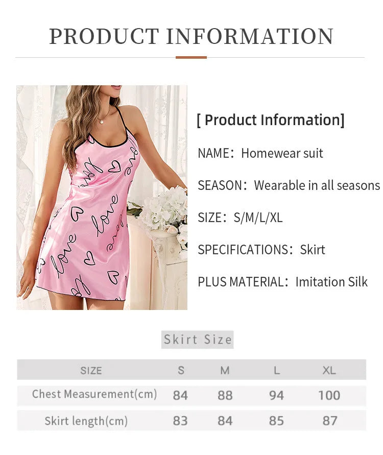 Heart Print Nightdress Scoop Neck Criss Cross Back Sleep Dress Women's Sleepwear