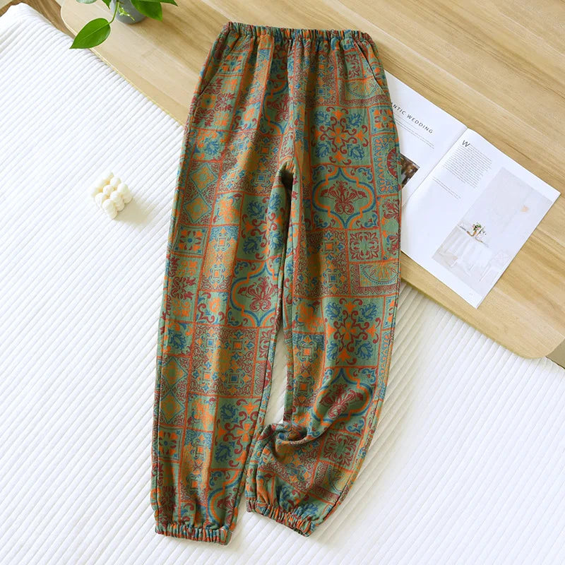 Jacquard Cute and Fresh Flower Pants 100% Cotton Loose Closing Home Pants