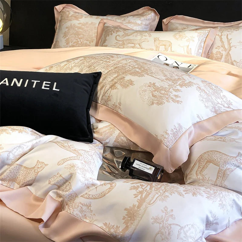 Soft Silky Skin-friendly Natural Eucalyptus Fiber Lyocell Bedding Set Forest Plants Leopard Duvet Cover Set Bed Sheet Pillowcases