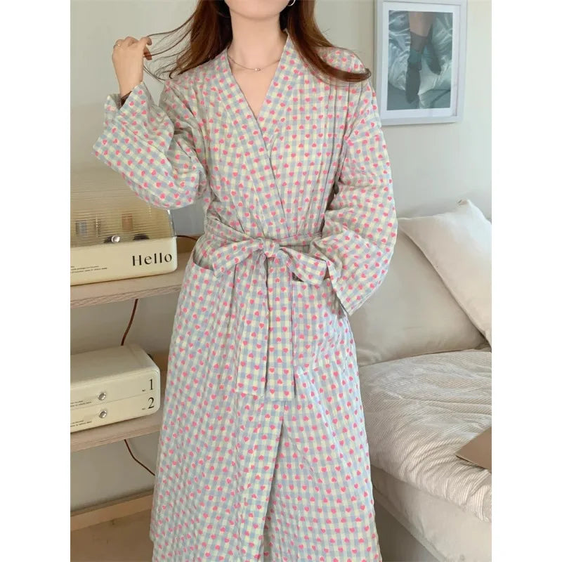 Love Plaid Loose Long-sleeve Kimono V-neck Lace Sexy Robe