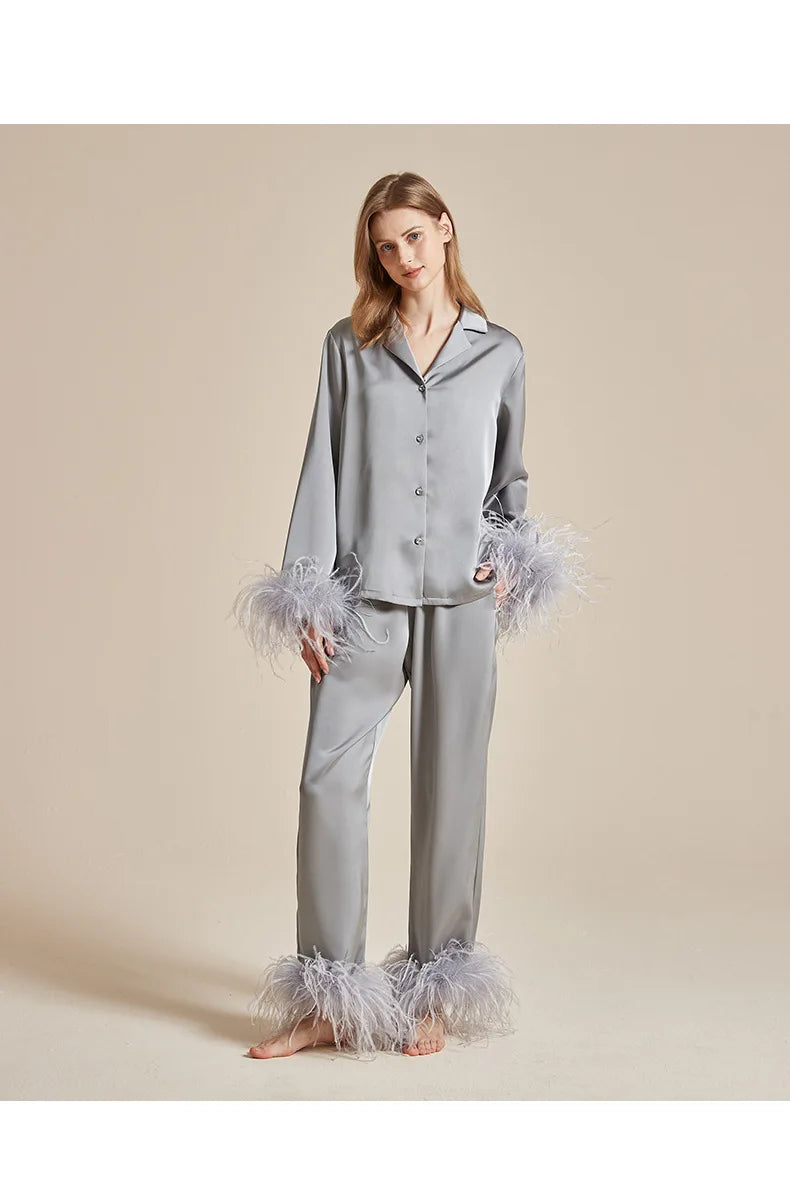 Luxury Feathers 2Pcs Silk Satin Long Sleeve Trouser Elegant Home Wear