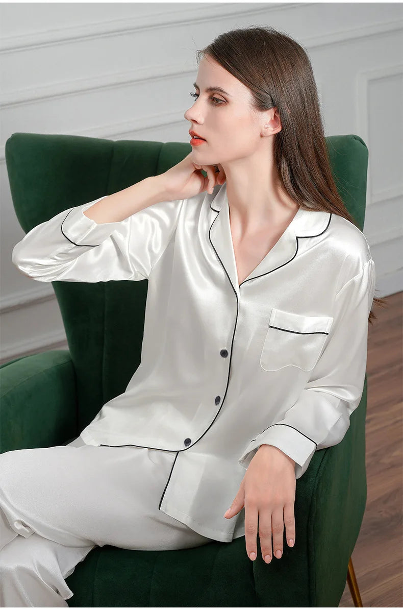 Silk Pajamas Set Casual Soft Breathable and Relaxed Fit Long Shirt Tops and Long Pants Sleepwear