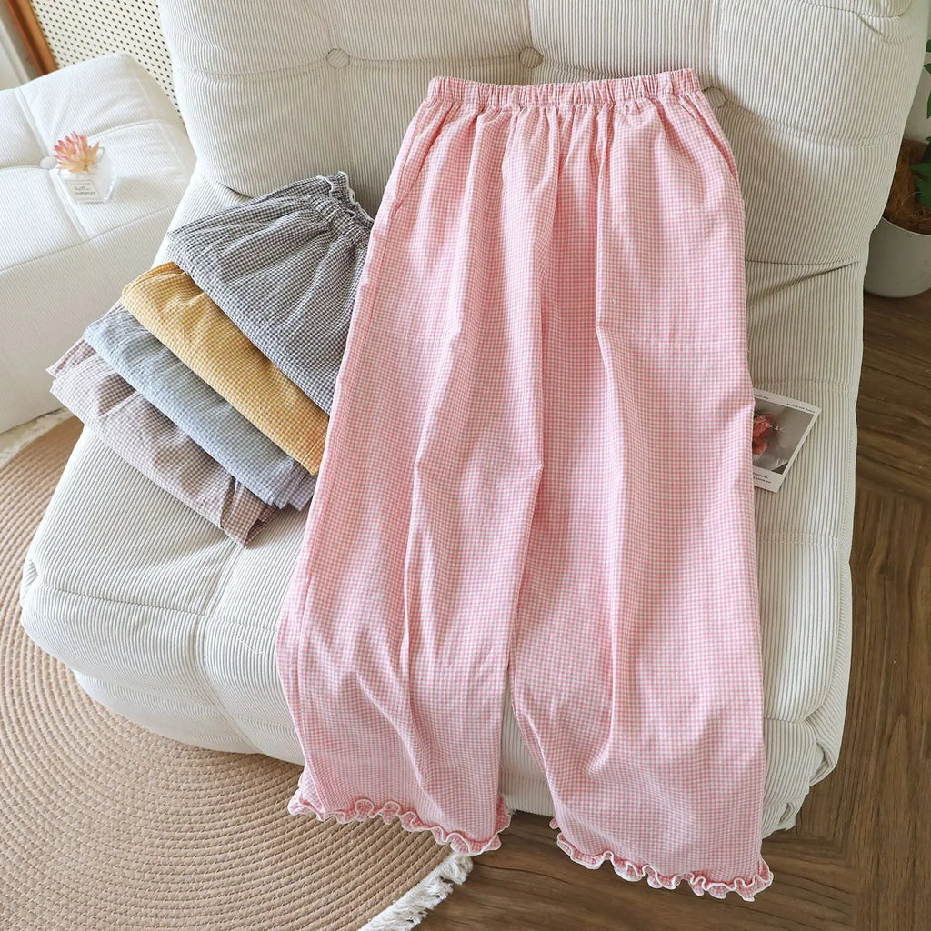 Loose Size Plaid Pajama Pants Elastic Waist Casual Homewear Women Nine-point Trousers
