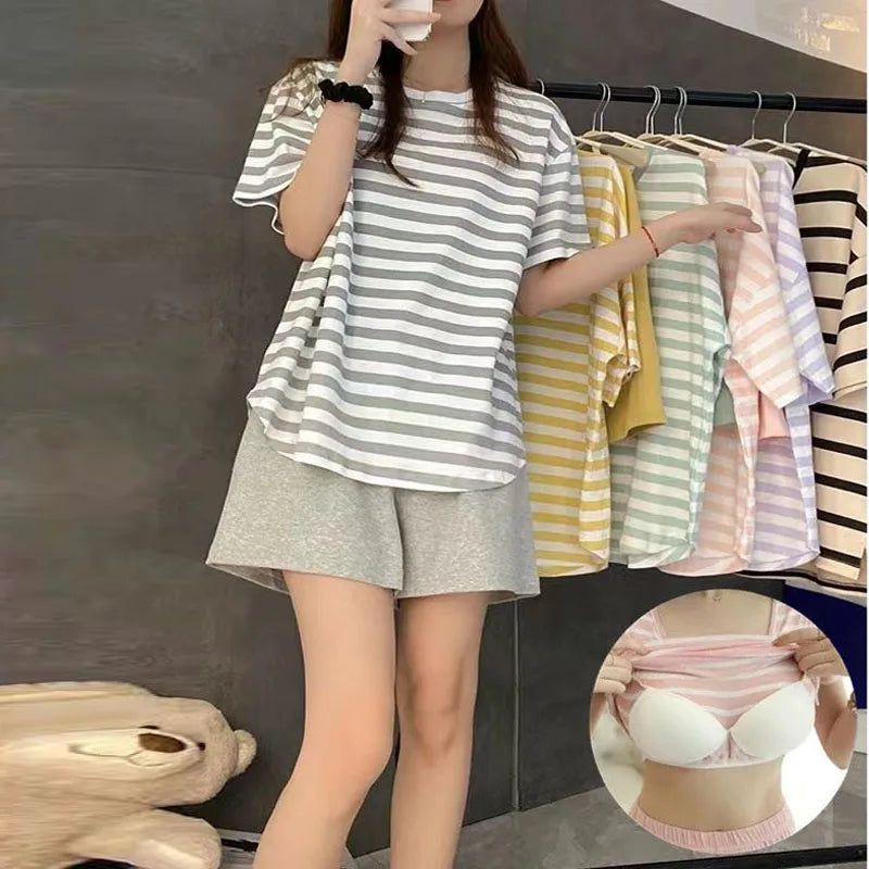 Oversized Women Striped Short Sleeve Shorts Two-piece with Self Chest Pads